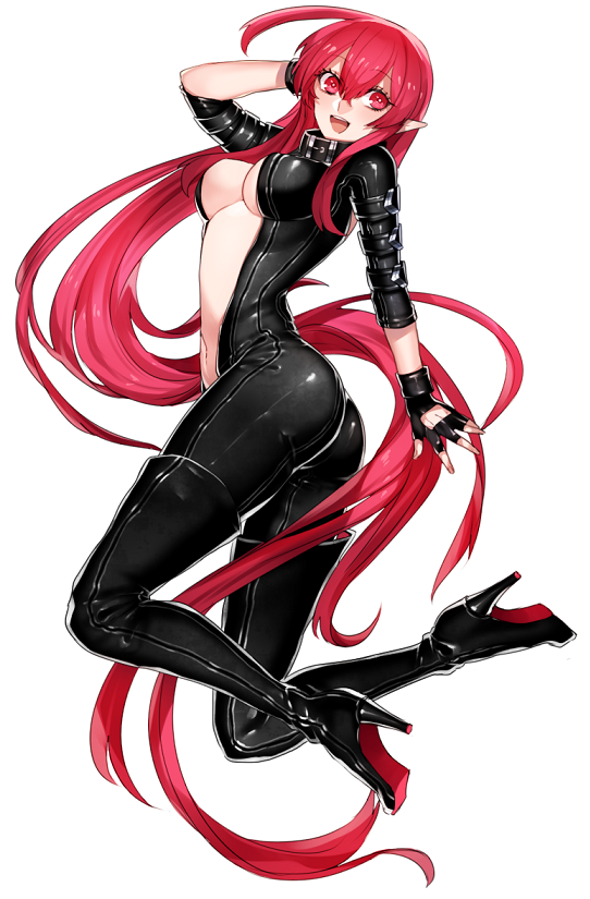 1girl, absurdly_long_hair, black_gloves, blush, bodysuit, breasts, center_opening, fingerless_gloves