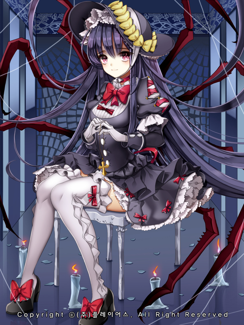 blue_hair, candle, chair, choker, cross, cross_necklace, dress, gloves