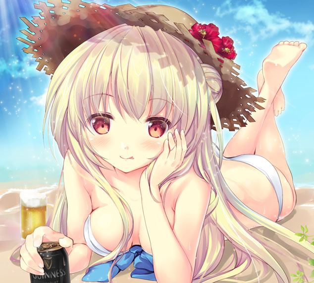 1girl, :p, beach, beer_mug, bikini, blonde_hair, breasts, brown_eyes