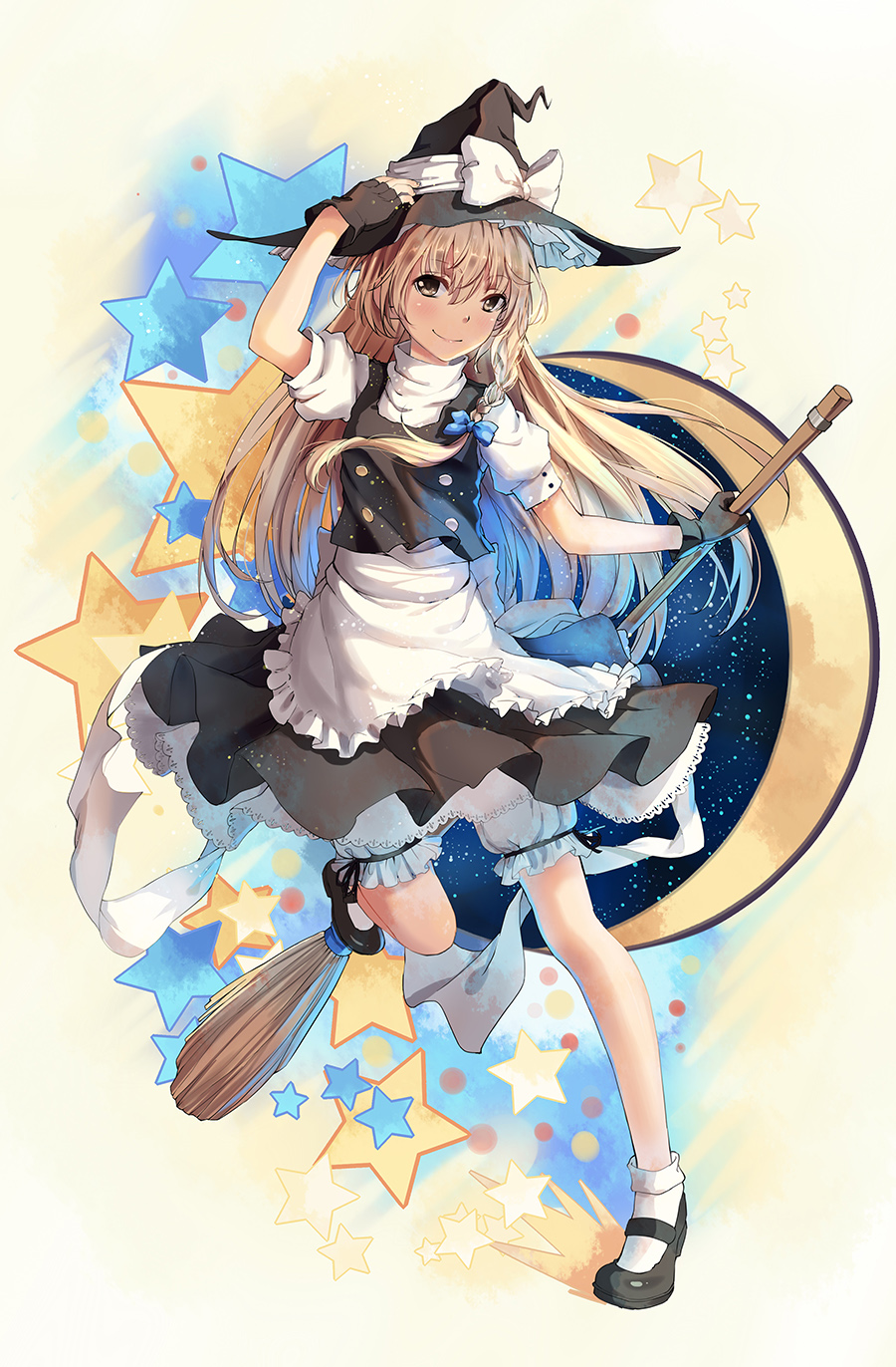 1girl, apron, black_gloves, blonde_hair, bloomers, bow, braid, broom