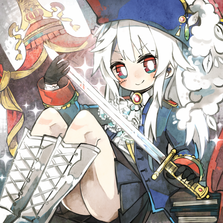 00tuma00, 1girl, axis_powers_hetalia, blue_eyes, genderswap, long_hair, military, military_uniform, multicolored_eyes, prussia_(hetalia), red_eyes, solo, sword, uniform, weapon, white_hair