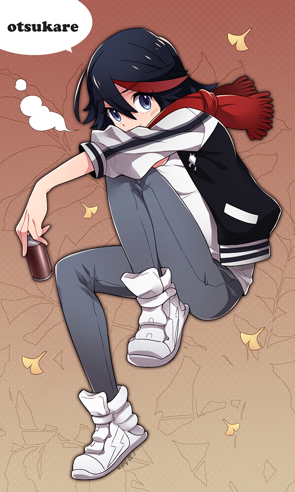 1girl, black_hair, blue_eyes, breath, can, female, jacket, kill_la_kill, kuma_yuu, matoi_ryuuko, matoi_ryuuko_(casual), multicolored_hair, one_leg_raised, pants, redhead, scarf, shoes, short_hair, sneakers, solo, two-tone_hair