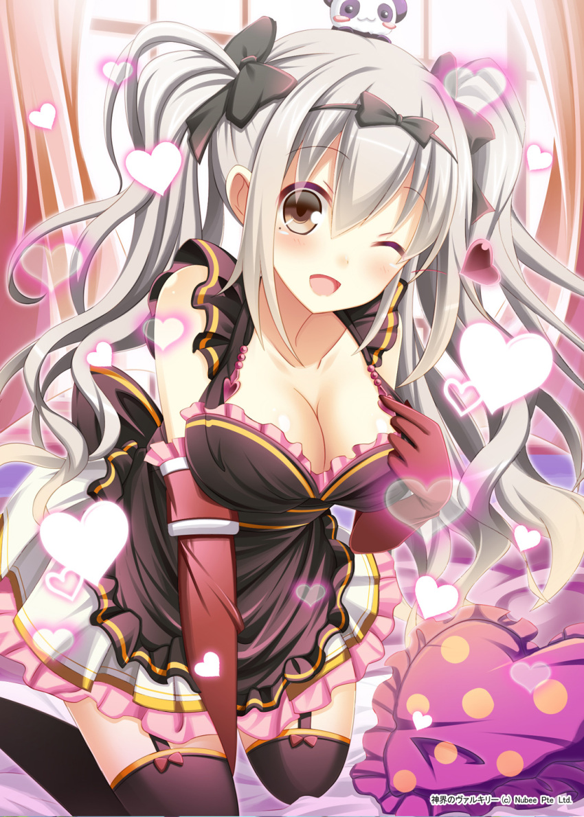 ;d, animal_on_head, apron, bed, black_legwear, blush_stickers, bow, breasts