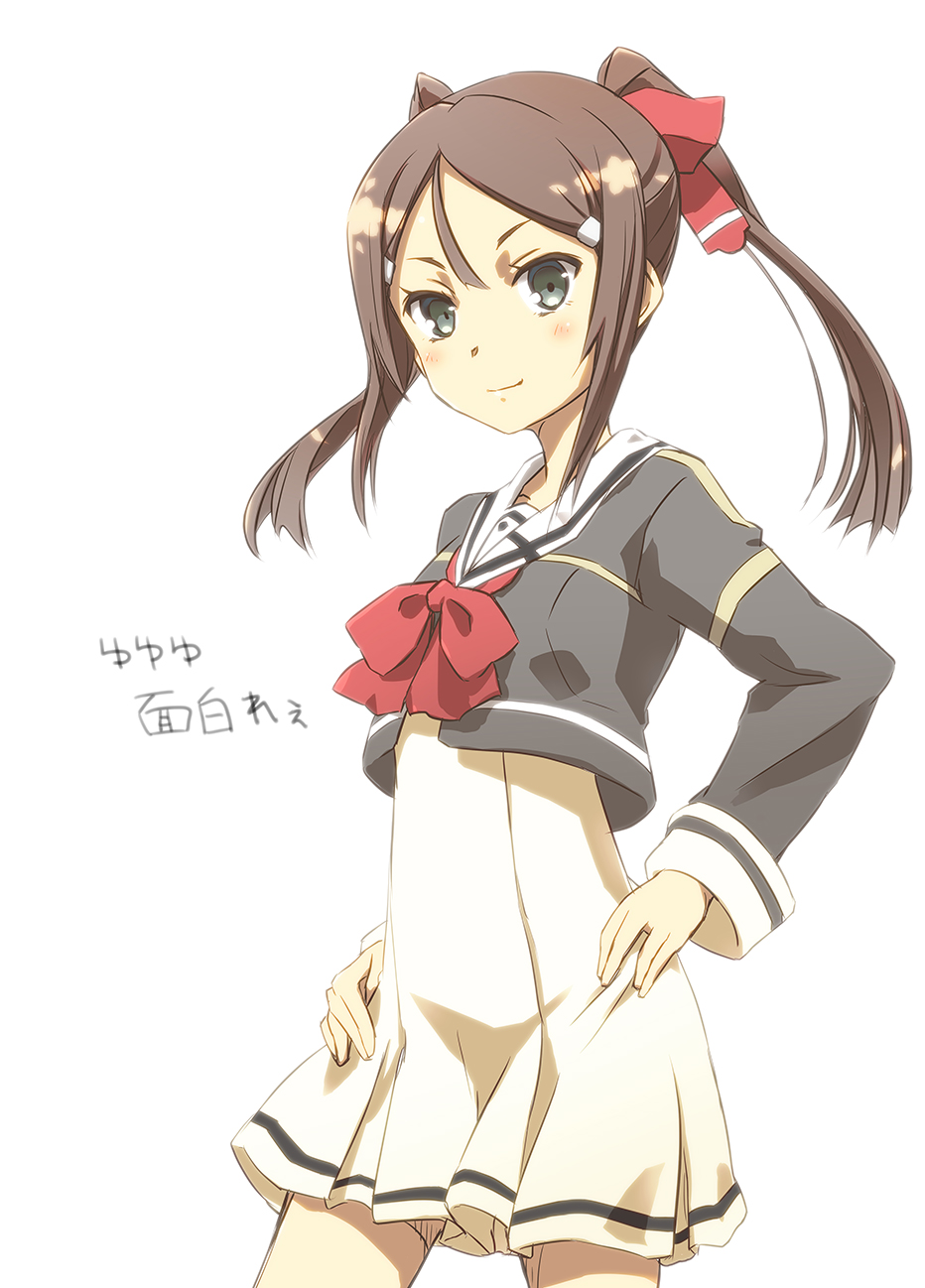 1girl, brown_hair, dress, green_eyes, hair_ornament, hair_ribbon, hairclip, hands_on_hips