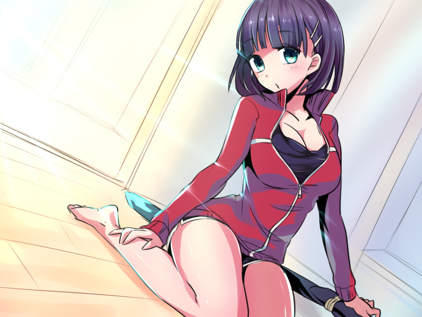 1girl, aqua_eyes, barefoot, black_hair, breasts, butano_(star-dust_boxxx), cleavage, hair_ornament