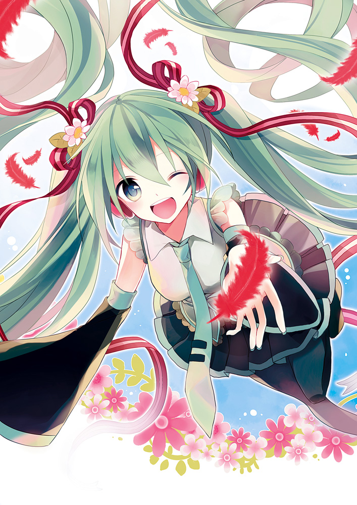 1girl, :d, detached_sleeves, feathers, flower, green_eyes, green_hair, hair_flower