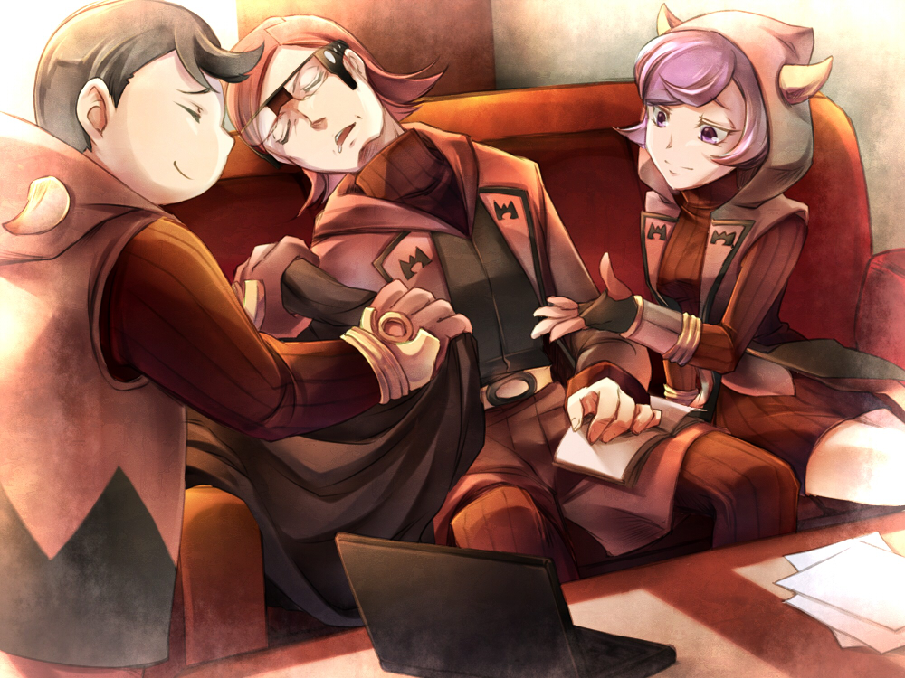 1girl, 2boys, black_hair, computer, covering_with_blanket, fake_horns, glasses, gloves, homura_(pokemon), homura_(pokemon)_(remake), hood, hoodie, horned_headwear, kagari_(pokemon), kagari_(pokemon)_(remake), laptop, matsubusa_(pokemon), matsubusa_(pokemon)_(remake), multiple_boys, notebook, pokemon, pokemon_(game), pokemon_oras, purple_hair, redhead, ribbed_sweater, short_hair, sleeping, smile, sweater, team_magma, uniform, violet_eyes, yatuzura