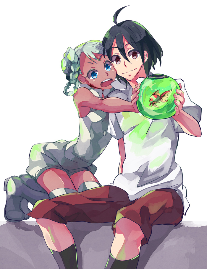 1boy, 1girl, bare_shoulders, bellri_zenam, blue_eyes, boots, braid, chuchumy