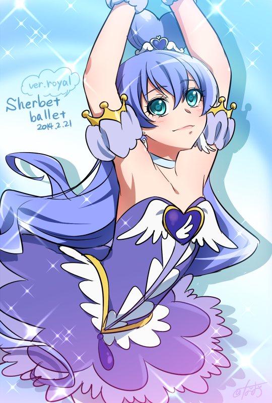 0417nao, 1girl, 2014, armpits, arms_up, ballerina, bare_shoulders, blue_background