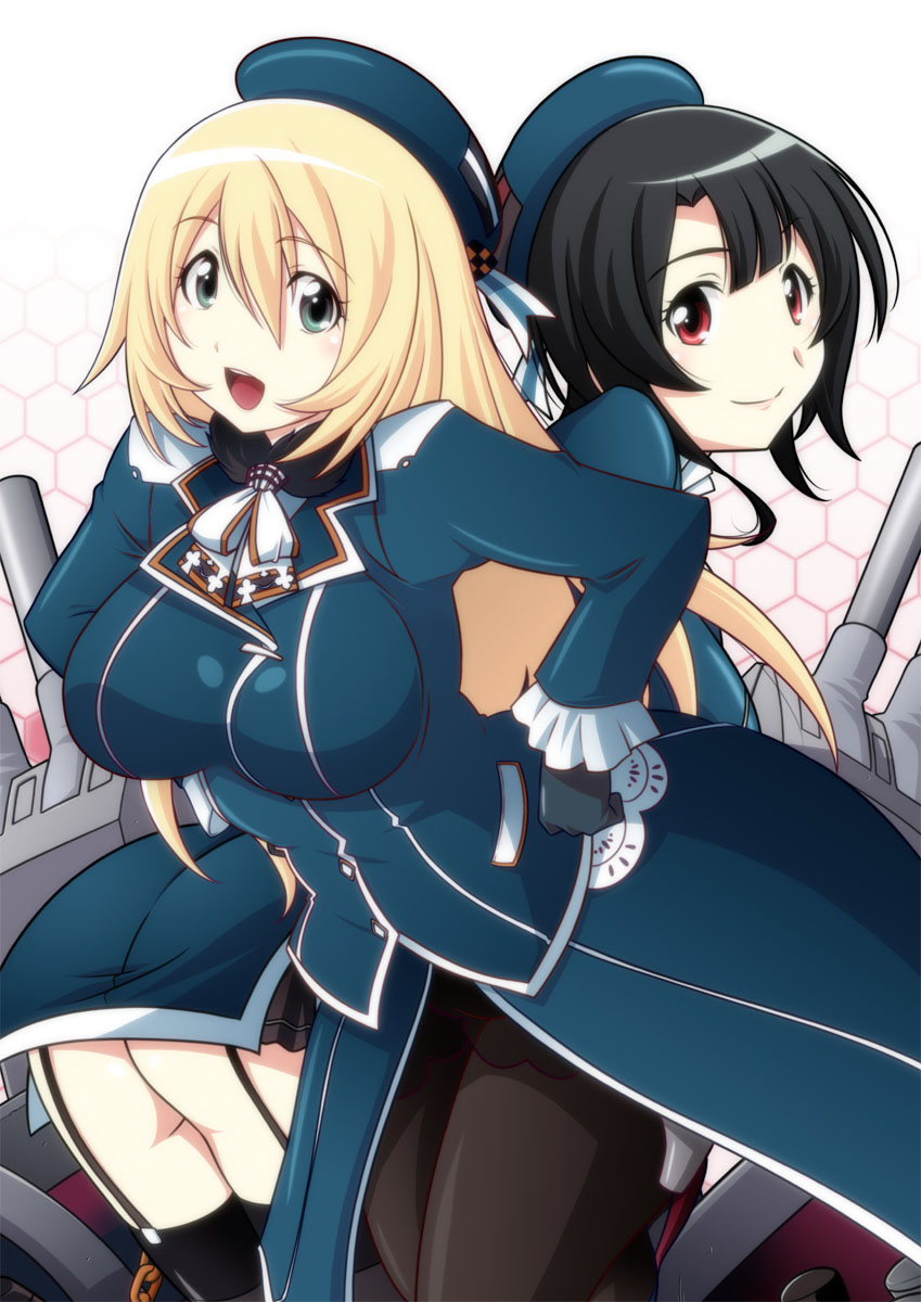 2girls, ass, atago_(kantai_collection), beret, black_gloves, black_hair, black_legwear, blonde_hair