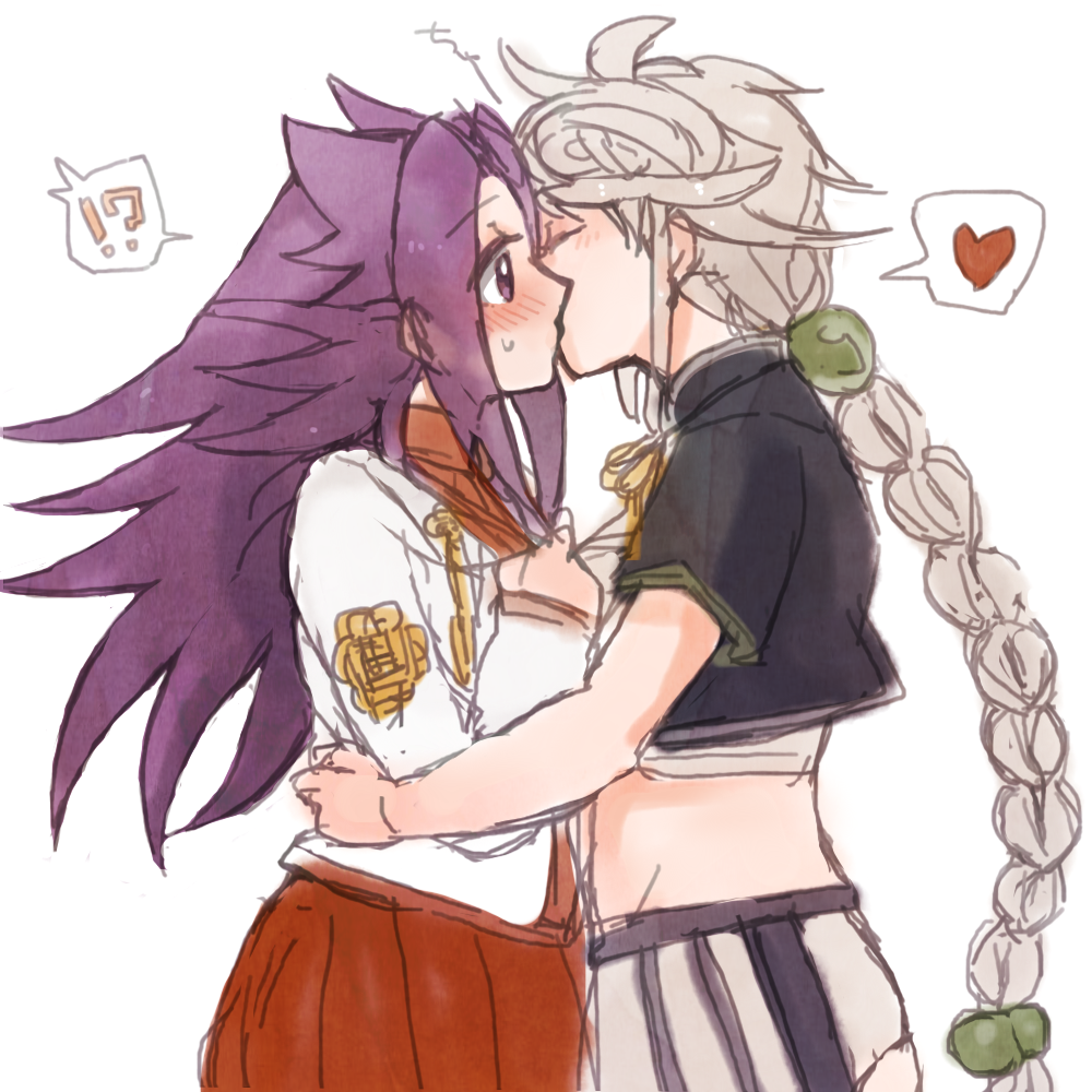 2girls, ?!!, blush, braid, closed_eyes, cloud_print, crop_top, french_kiss, from_side, hug, japanese_clothes, jun'you_(kantai_collection), kantai_collection, kiss, long_hair, looking_at_another, midriff, miniskirt, multiple_girls, purple_hair, silver_hair, simple_background, single_braid, sketch, skirt, surprised, unryuu_(kantai_collection), very_long_hair, violet_eyes, white_background, yuri