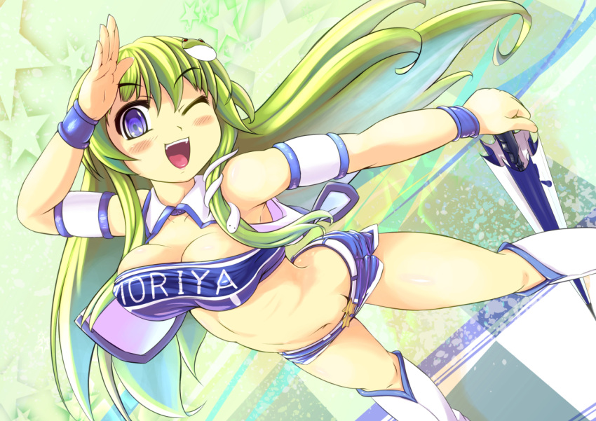 1girl, blue_eyes, boots, breasts, cleavage, elbow_gloves, frog_hair_ornament, gloves