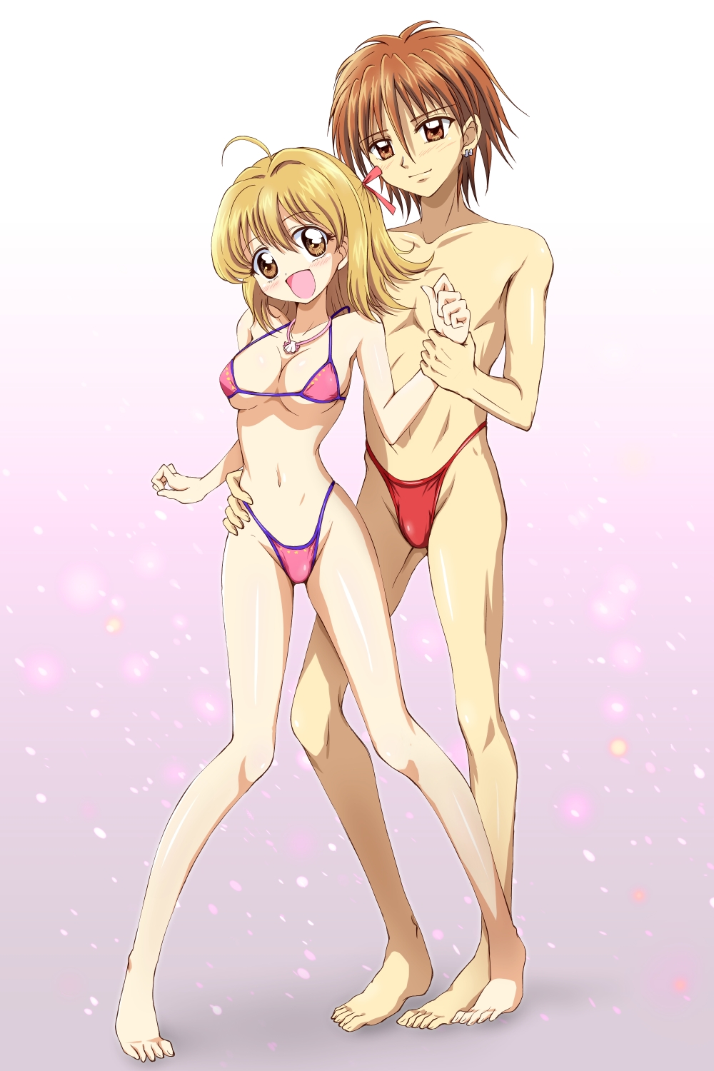 1boy, 1girl, barefoot, bikini, blonde_hair, brown_eyes, brown_hair, couple