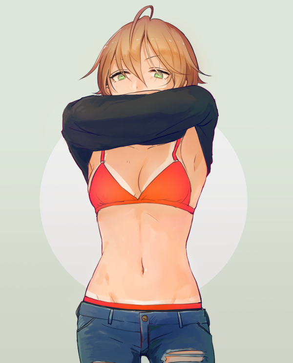 1girl, ahoge, bra, breasts, denim, green_eyes, idolmaster, idolmaster_cinderella_girls, jeans, kimura_natsuki, machi-z, panties, pants, shirt_lift, short_hair, simple_background, solo, tan, tanline, torn_clothes, torn_jeans, underwear