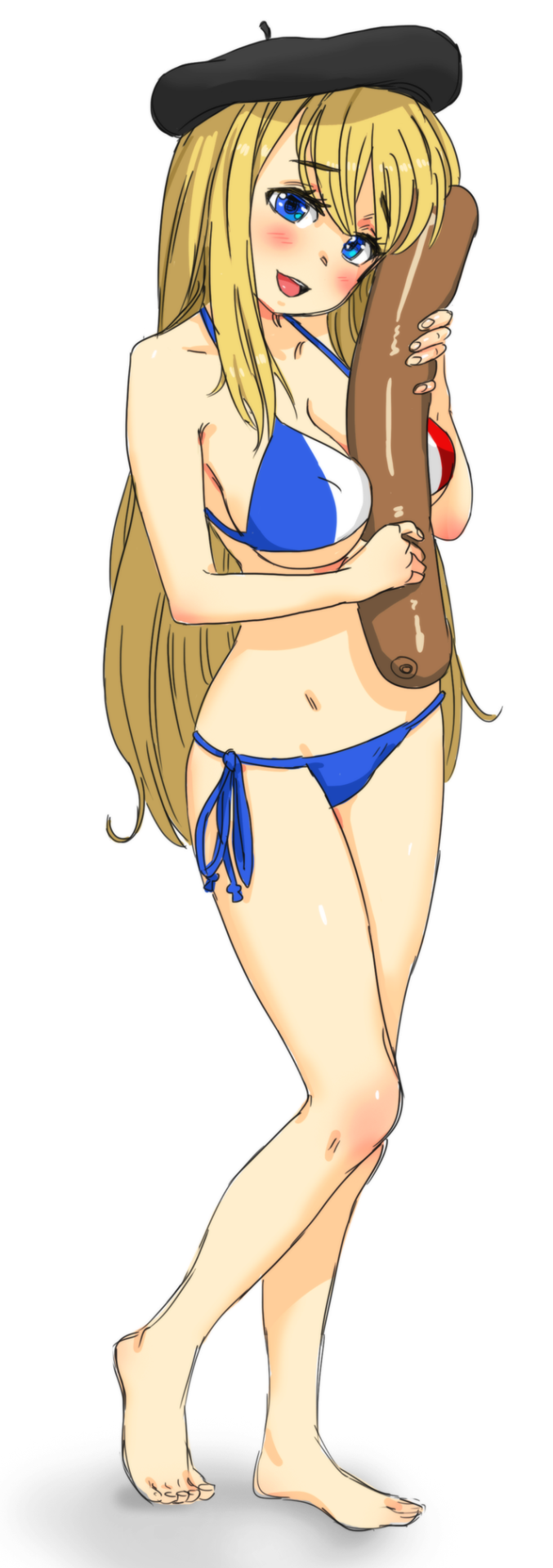 1girl, barefoot, beret, between_breasts, bikini, blonde_hair, blue_eyes, blush