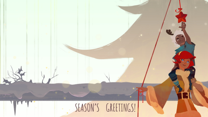 1boy, 1girl, artist_request, bastion, blue_eyes, coat, english, hairband
