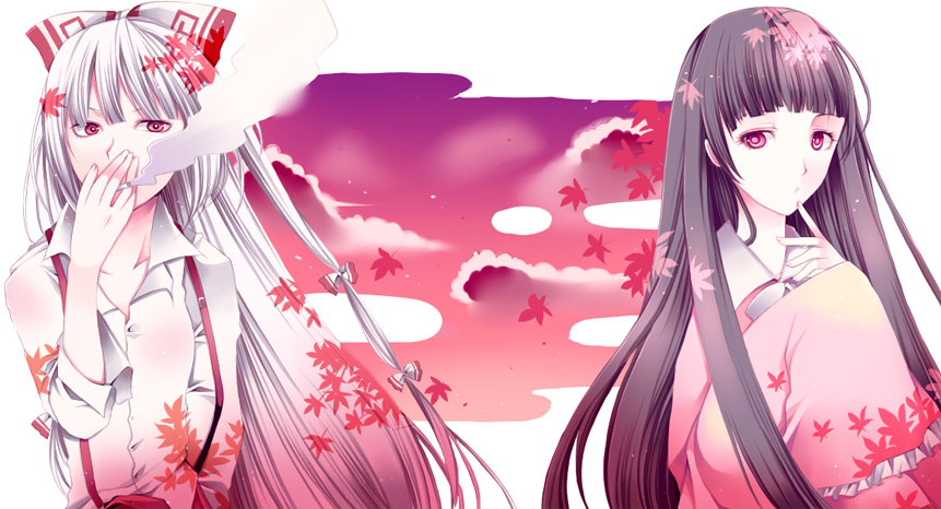 arisie, black_hair, bow, cigarette, fujiwara_no_mokou, hair_bow, hair_ribbon, houraisan_kaguya