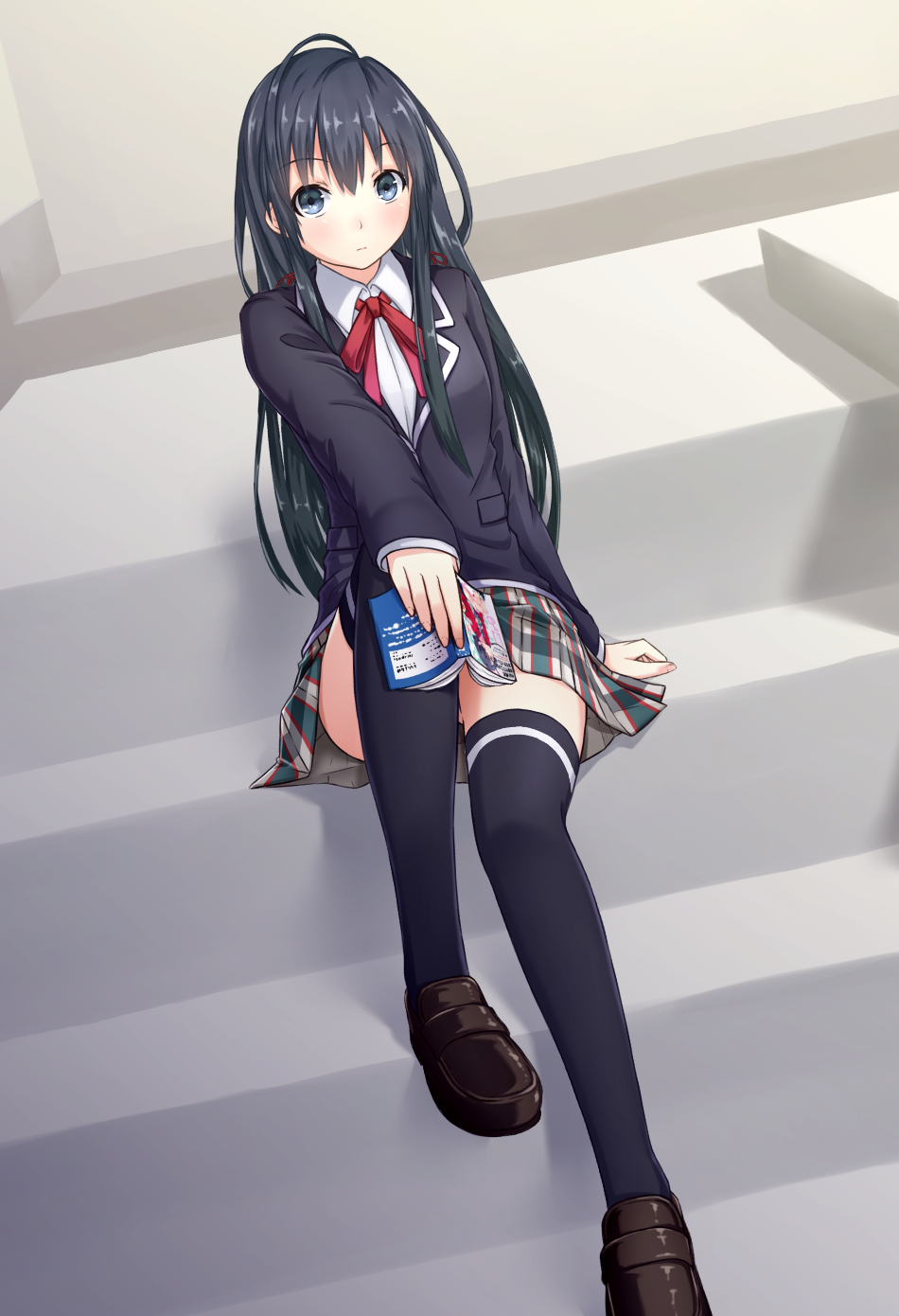 1girl, black_hair, black_legwear, blue_eyes, blush, book, highres, loafers, long_hair, looking_at_viewer, school_uniform, seatollead, shoes, sitting, skirt, solo, stairs, thigh-highs, yahari_ore_no_seishun_lovecome_wa_machigatteiru., yukinoshita_yukino