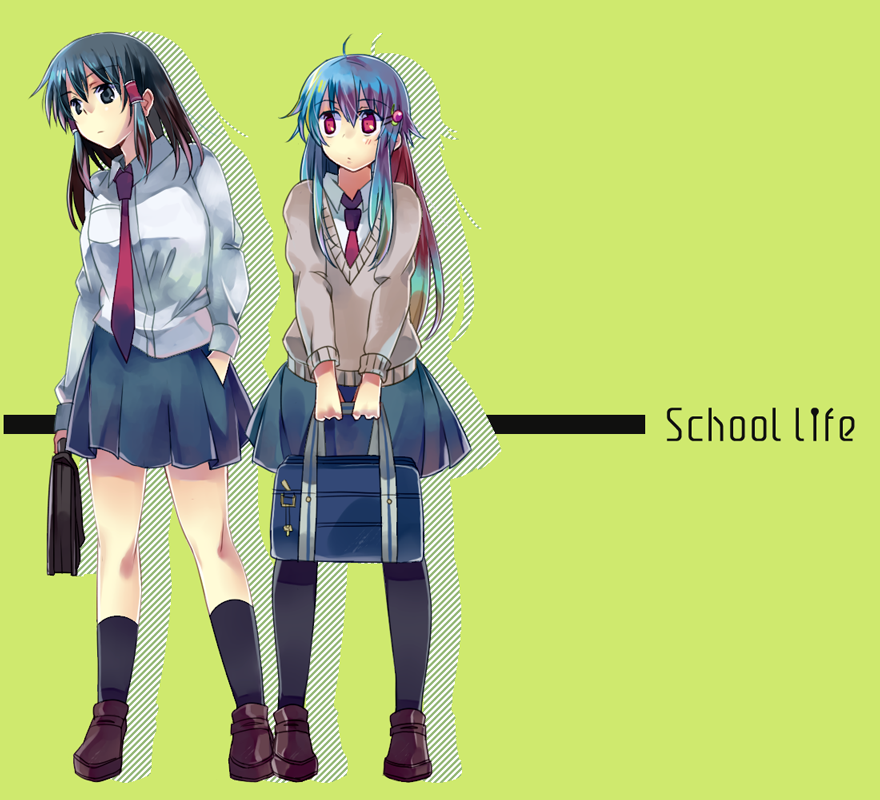 alternate_costume, bag, black_hair, blue_hair, contemporary, hair_ornament, hairclip, hakurei_reimu