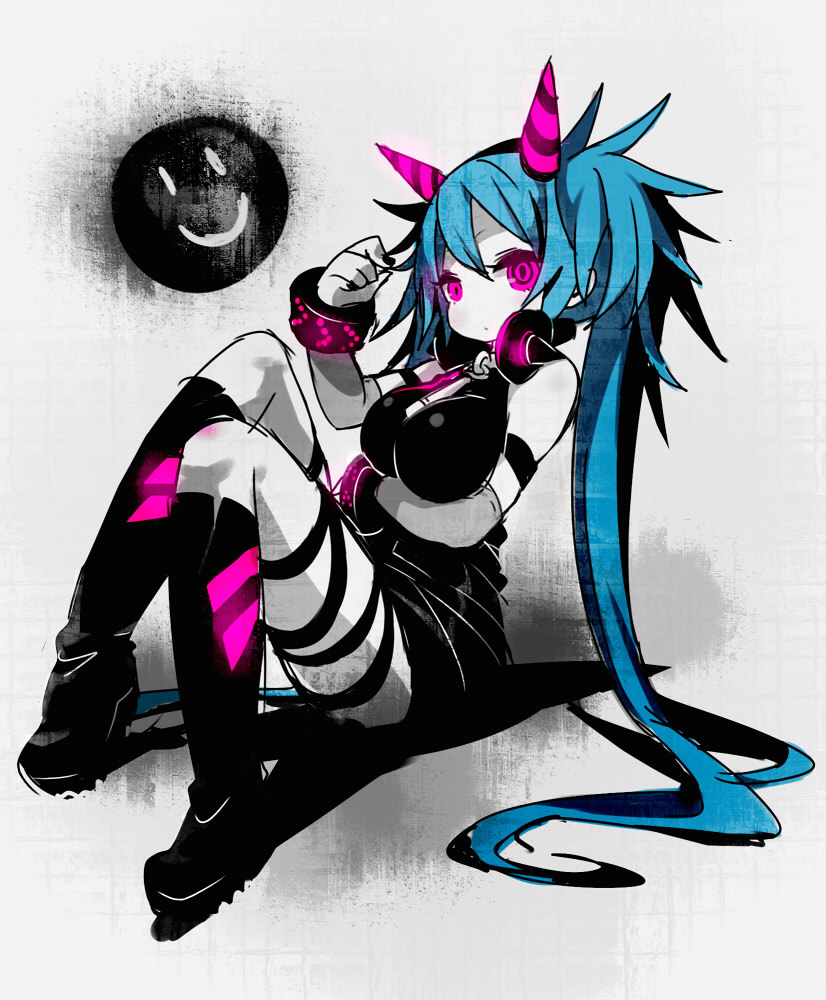 alternate_costume, bangs, black_dress, blue_hair, boots, bracelet, breasts, detached_sleeves, dress, eyeshadow, fingernails, glowing, glowing_eyes, hatsune_miku, headphones, headphones_around_neck, horns, jewelry, knee_boots, large_breasts, maako_(pixiv54348), makeup, pinching, pink_eyes, ringed_eyes, shadow, sketch, smiley_face, spikes, twintails, uneven_eyes, vocaloid, zipper_pull_tab