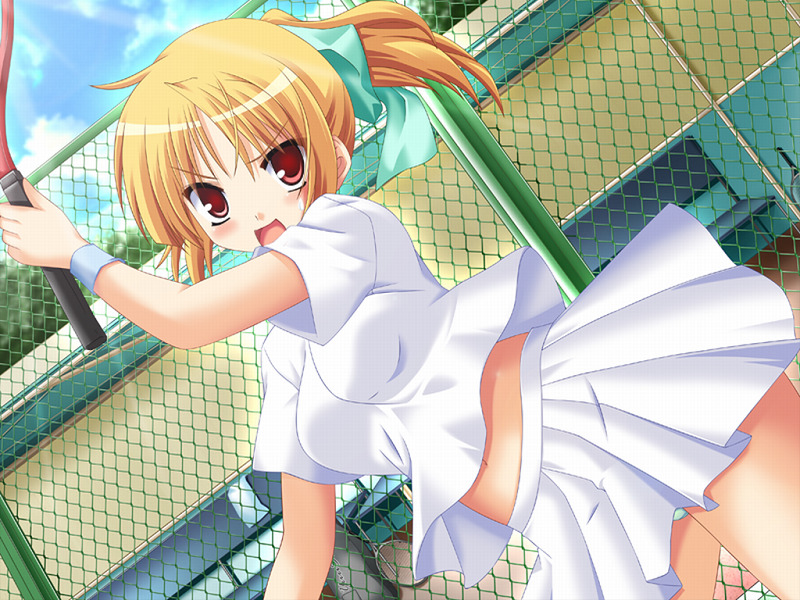 blonde_hair, game_cg, midriff, naisho_shishunki, red_eyes, tennis, wristband