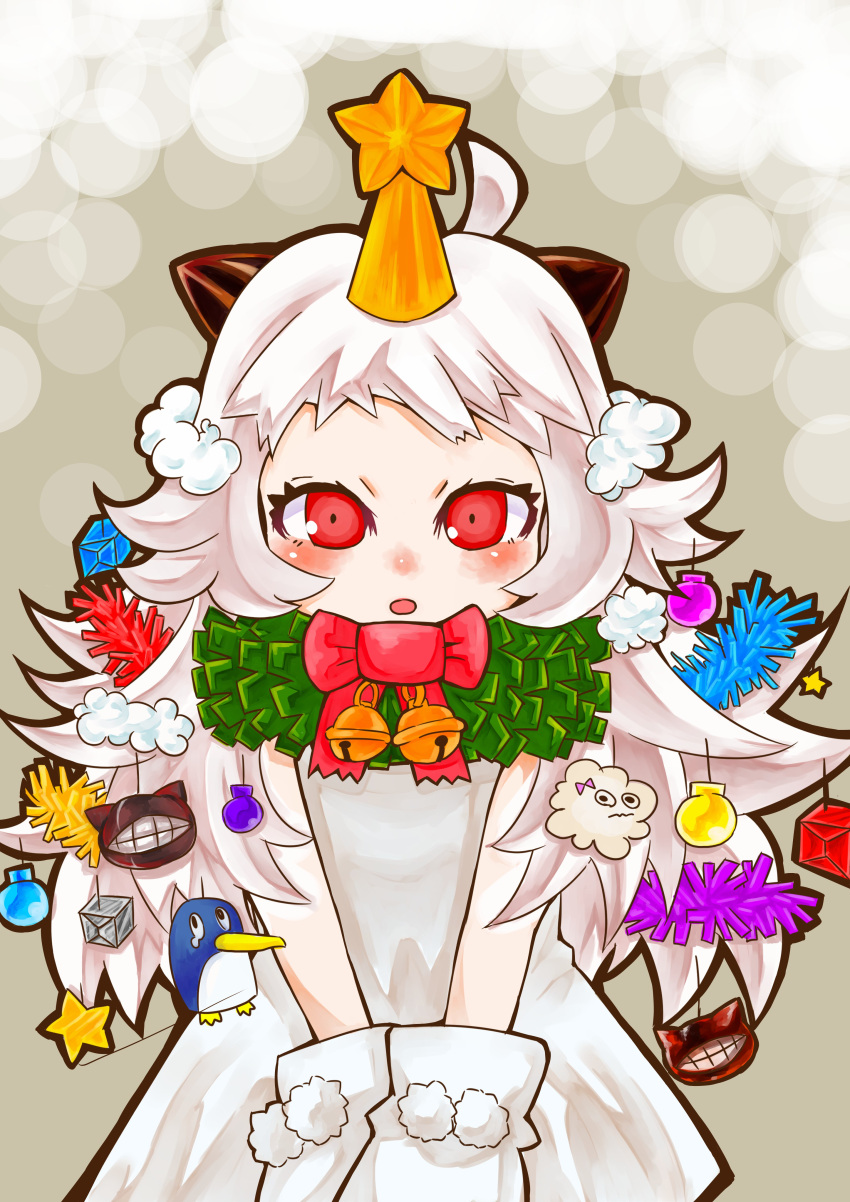 1girl, absurdres, ahoge, chixida, christmas, christmas_ornaments, christmas_tree_costume, dress