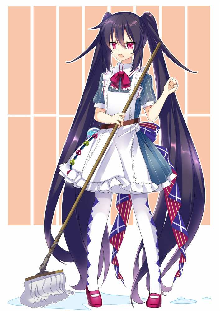 1girl, black_hair, full_body, holding, long_hair, looking_at_viewer, maid, mary_janes, mop, nyori, original, pantyhose, red_eyes, shoes, solo, twintails, very_long_hair, wet_floor