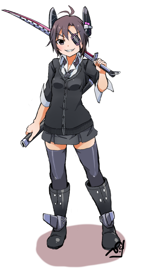 1girl, black_eyes, black_hair, cosplay, eyepatch, headgear, idolmaster, kantai_collection