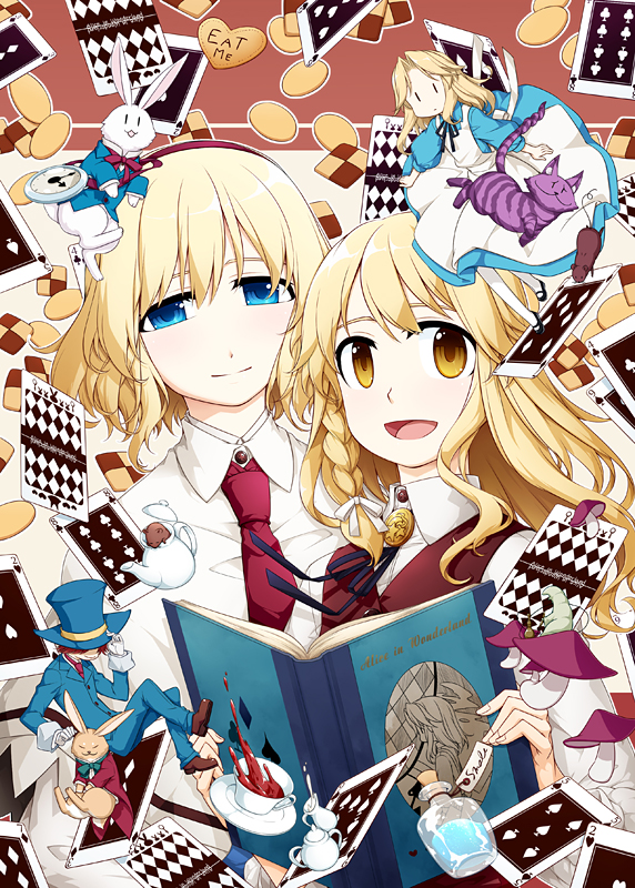 1boy, 3girls, alice_(wonderland), alice_in_wonderland, alice_margatroid, animal, apron, blonde_hair