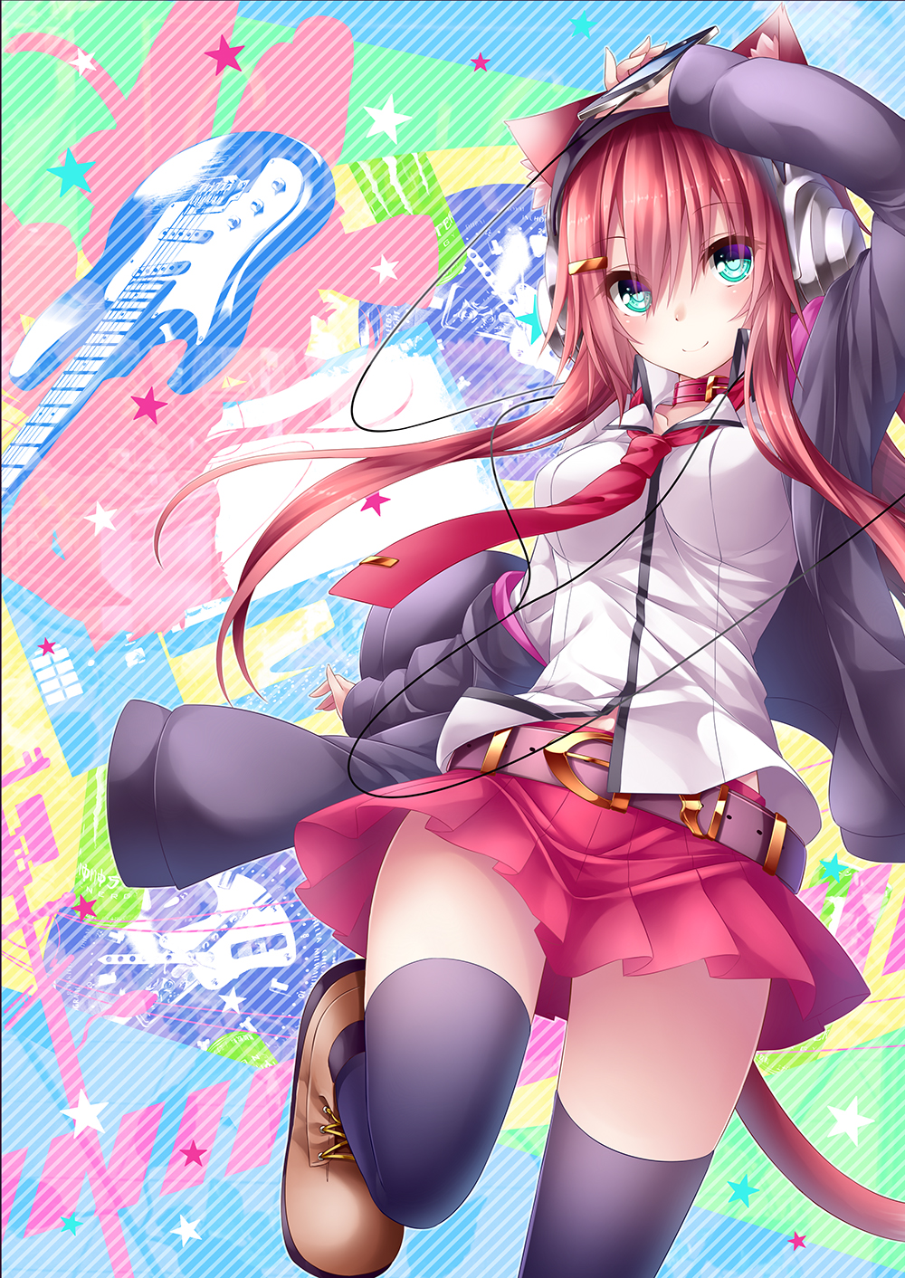 1girl, animal_ears, blue_eyes, cat_ears, cat_tail, chabaneko, headphones, highres, long_hair, necktie, original, redhead, school_uniform, solo, tail, thighhighs, yonari_phone_neon