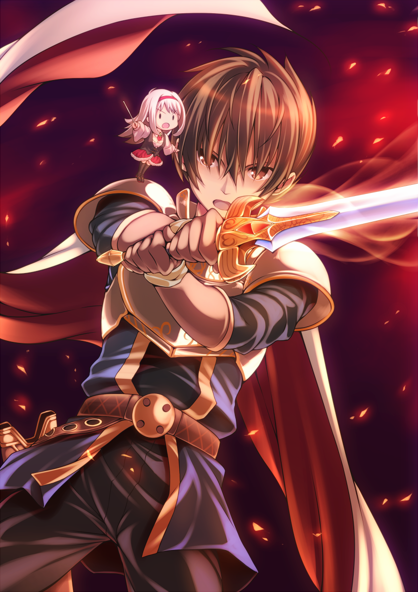 1boy, 1girl, :o, anna_(sennen_sensou_aigis), armor, belt, big_wednesday, boots