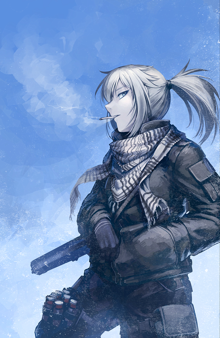 1girl, blonde_hair, blue_eyes, blue_sky, cigarette, coat, gloves, hand_in_pocket