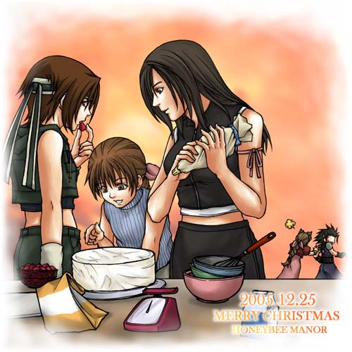 aerith_gainsborough, cake, final_fantasy, final_fantasy_vii, marlene_wallace, tifa_lockhart, yuffie_kisaragi, zack_fair