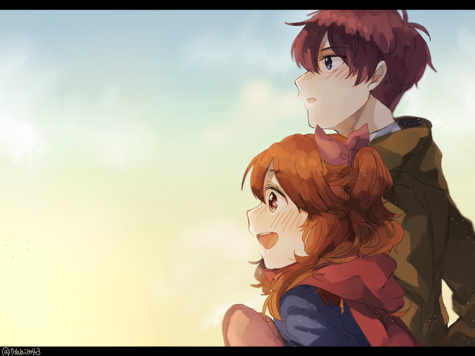 1boy, 1girl, aikatsu!, blue_eyes, bow, breath, brown_eyes, hair_bow, long_hair, oozora_akari, orange_hair, purple_hair, retako, scarf, sena_tsubasa, short_hair