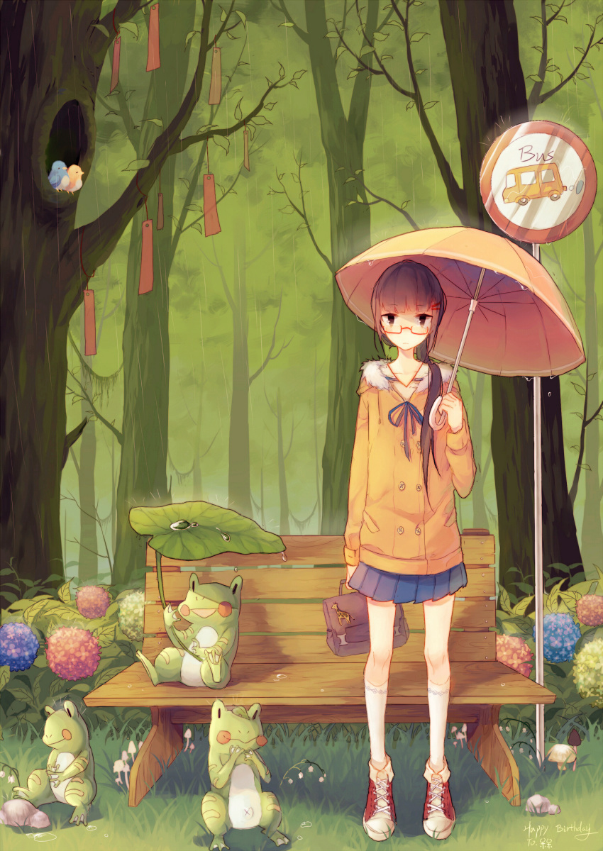 1girl, bag, bench, bird, blush_stickers, brown_eyes, brown_hair, bus_stop, coat, english, flower, frog, frown, glasses, hair_ornament, hairclip, highres, holding, holding_umbrella, kneehighs, leaf, long_hair, long_sleeves, looking_at_viewer, max_(744275974), mushroom, original, outdoors, pleated_skirt, ponytail, rain, red-framed_glasses, rock, semi-rimless_glasses, shoes, skirt, sneakers, standing, tree, umbrella, under-rim_glasses, water, white_legwear