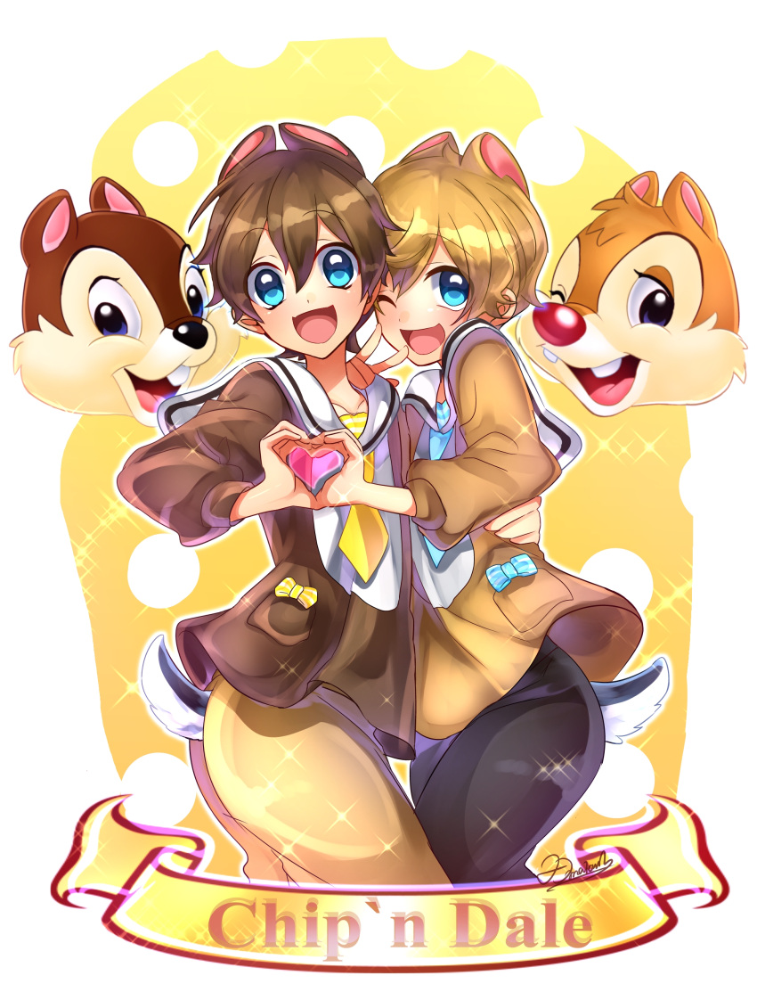 2boys, absurdres, animal_ears, artist_name, blue_eyes, brown_hair, character_name, chip_(disney)