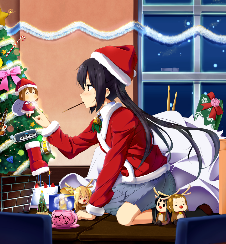 1girl, akiyama_mio, amage_kanade, black_hair, brown_eyes, character_doll, christmas_tree, hat, hirasawa_yui, k-on!, kotobuki_tsumugi, long_hair, mouth_hold, nakano_azusa, pocky, santa_costume, santa_hat, tainaka_ritsu, twintails, window