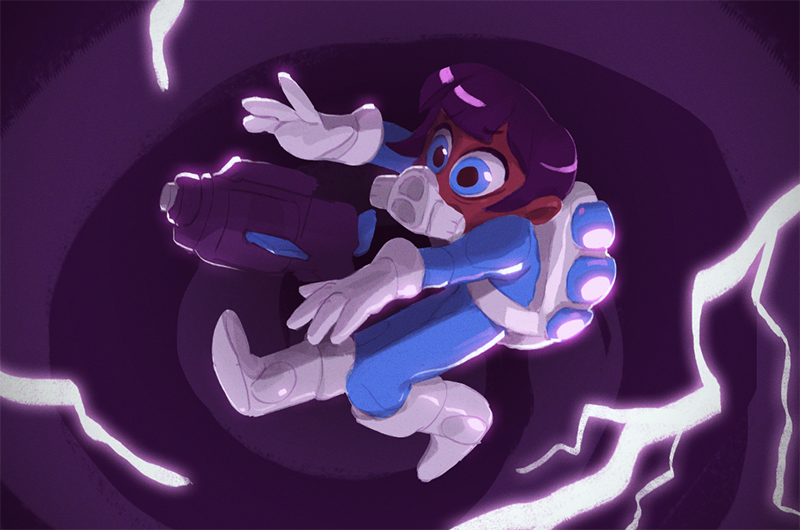 1girl, bob_cut, boots, dark_skin, full_body, gun, justin_chan, lightning, nuclear_throne, official_art, police, police_uniform, portal_(object), respirator, rogue_(nuclear_throne), rogue_rifle, short_hair, solo, uniform, weapon