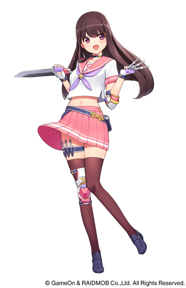 1girl, armor, bangs, belt, blue_shoes, brown_hair, character_request, combat_knife