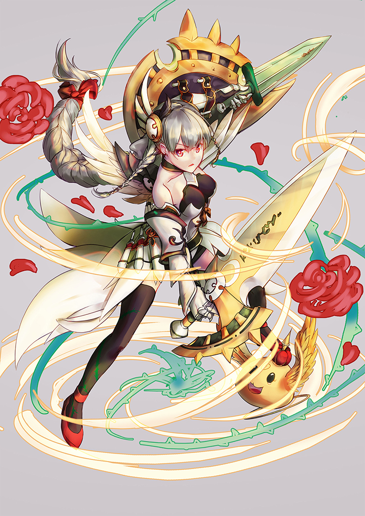 1girl, armor, armored_dress, bare_shoulders, black_dress, black_gloves, black_legwear, bow