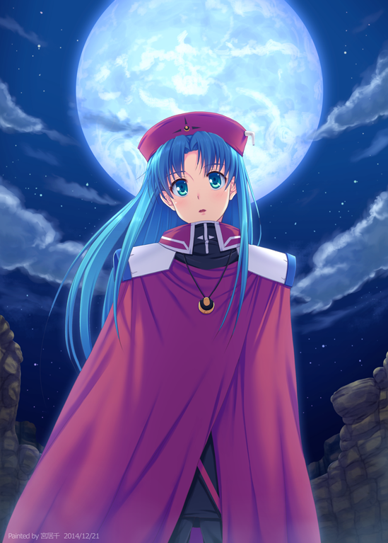 1girl, aqua_eyes, artist_name, blue_eyes, cape, clouds, cowboy_shot, dated