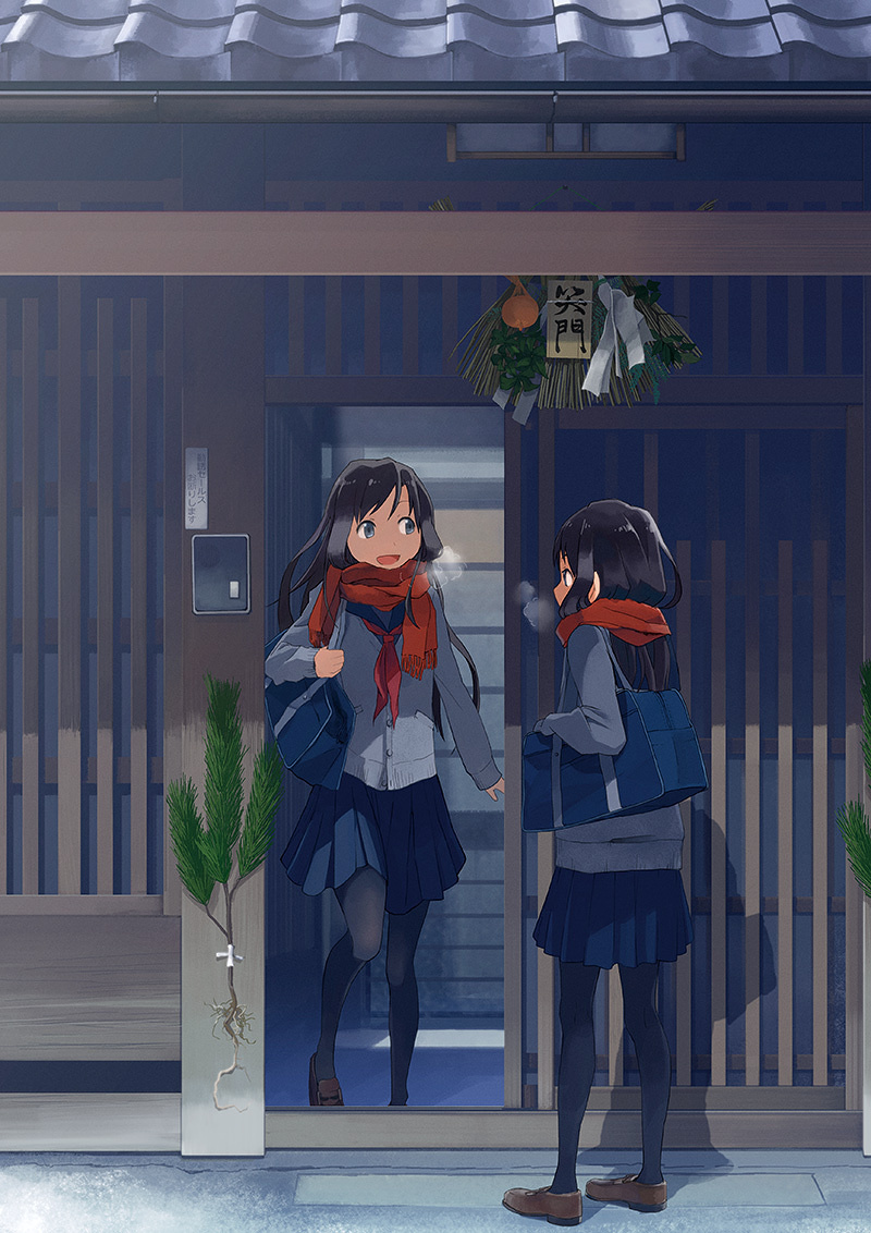 2girls, bag, black_hair, black_legwear, blue_eyes, breath, cardigan, door