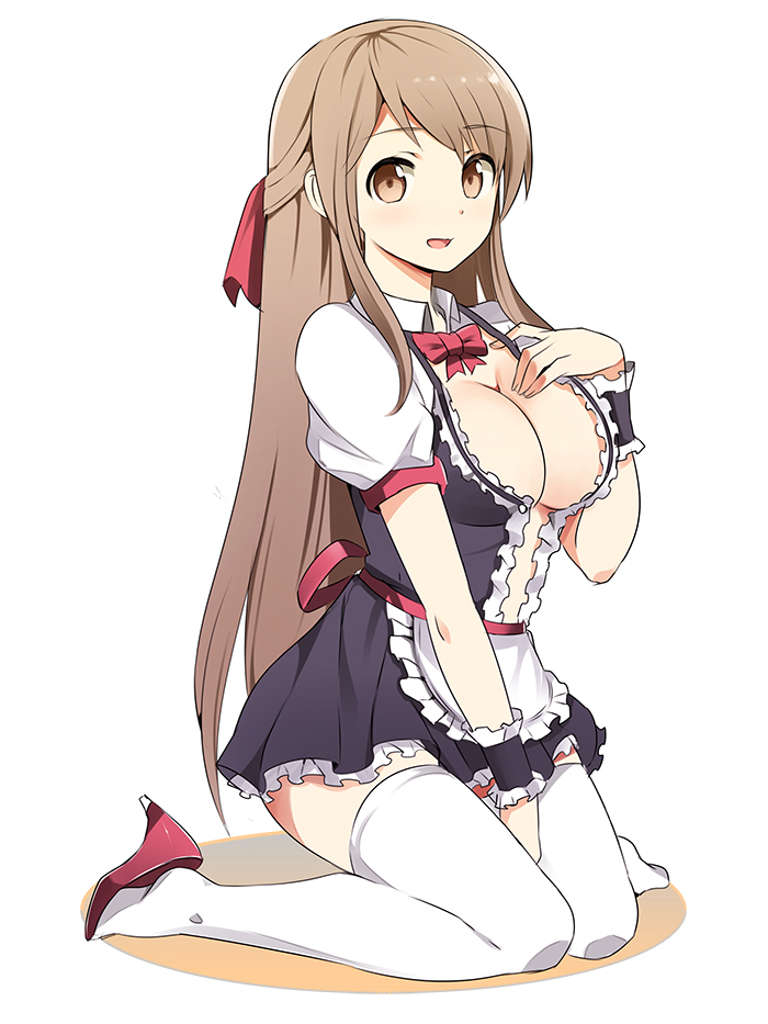 1girl, between_legs, bow, breasts, brown_eyes, brown_hair, center_opening, cleavage, hand_between_legs, high_heels, long_hair, looking_at_viewer, maid, original, sandarumi, sitting, solo, thigh-highs, very_long_hair, wariza, white_legwear, wrist_cuffs