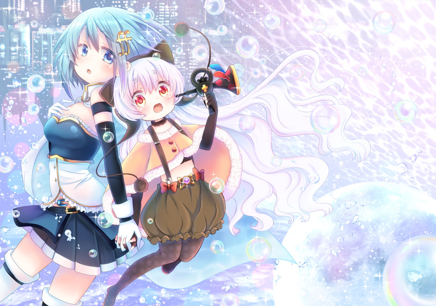 2girls, armband, belt, blue_eyes, blue_hair, bubble, cape, capelet, fingerless_gloves, fur_trim, gloves, hat, holding_hands, instrument, juugoya_neko, long_hair, magical_girl, mahou_shoujo_madoka_magica, mahou_shoujo_madoka_magica_movie, midriff, miki_sayaka, momoe_nagisa, multiple_girls, pantyhose, polka_dot, polka_dot_legwear, red_eyes, short_hair, soul_gem, thigh-highs, trumpet, white_hair, zettai_ryouiki