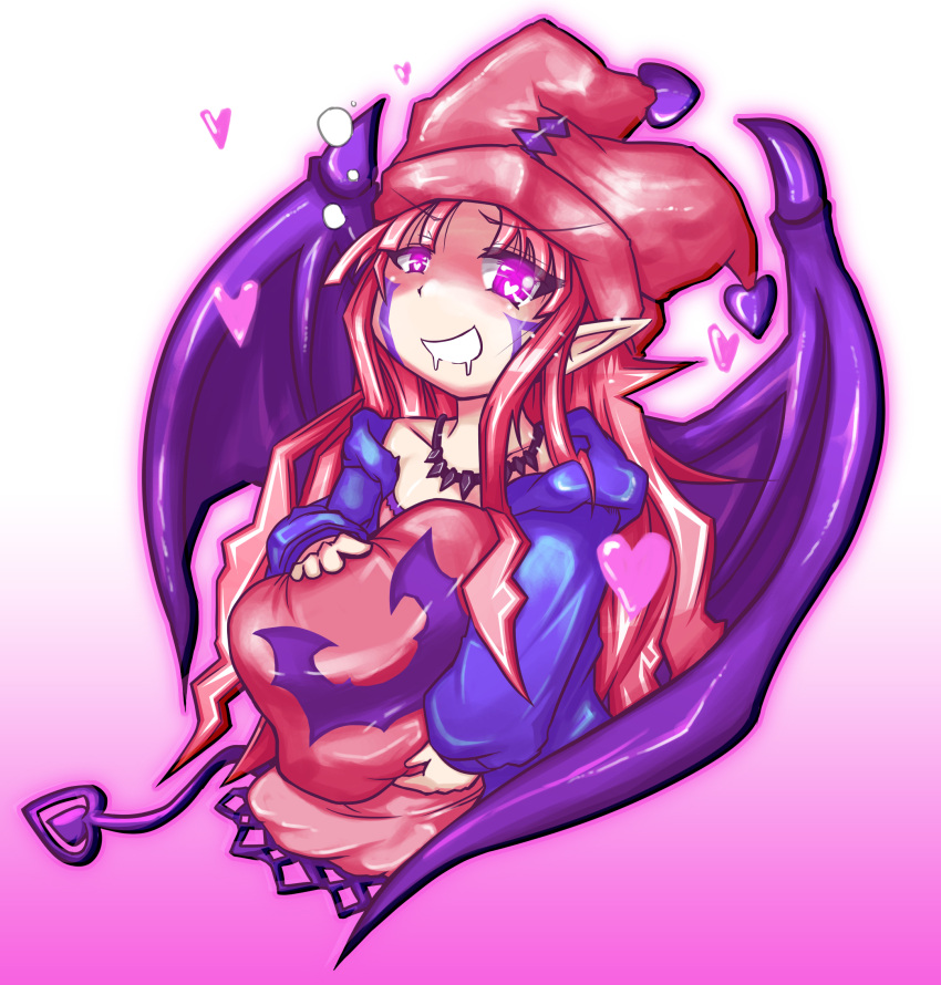 1girl, black_wings, demon_tail, drooling, duel_monster, ghostrick_socuteboss, hat, heart