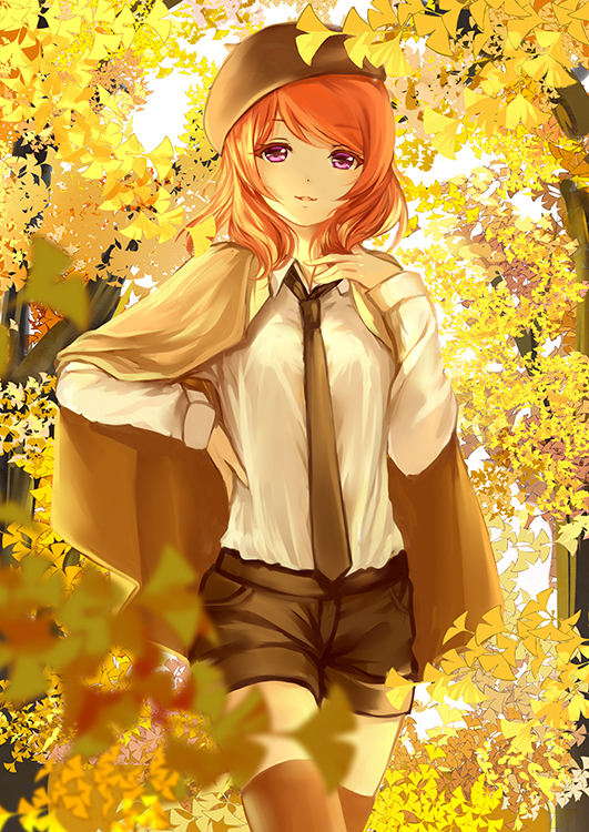 1girl, alternate_costume, brown_legwear, cape, clouble, cowboy_shot, ginkgo, hand_on_hip