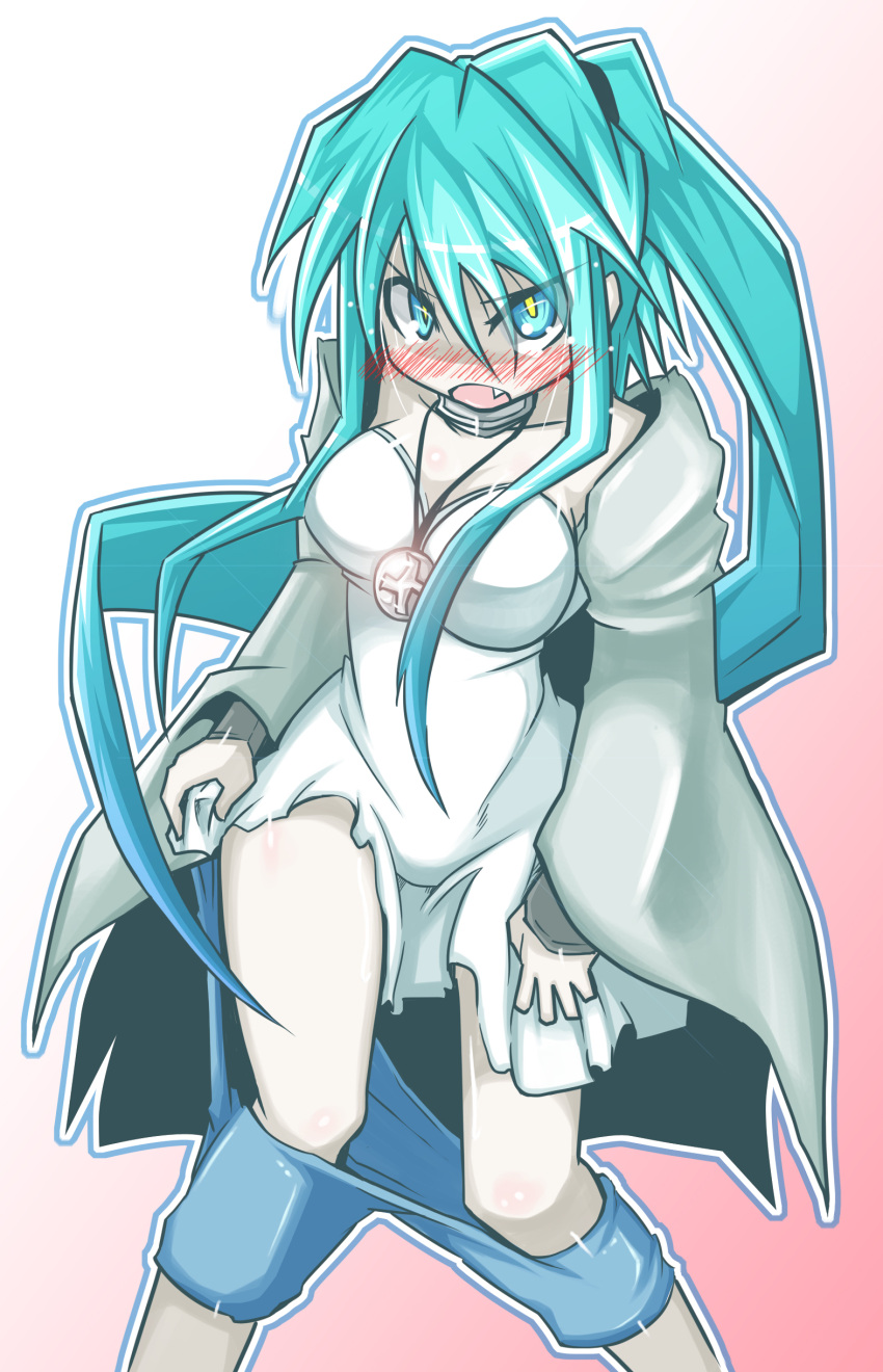 1girl, absurdres, angry, bike_shorts, blush, breasts, collar, d:<