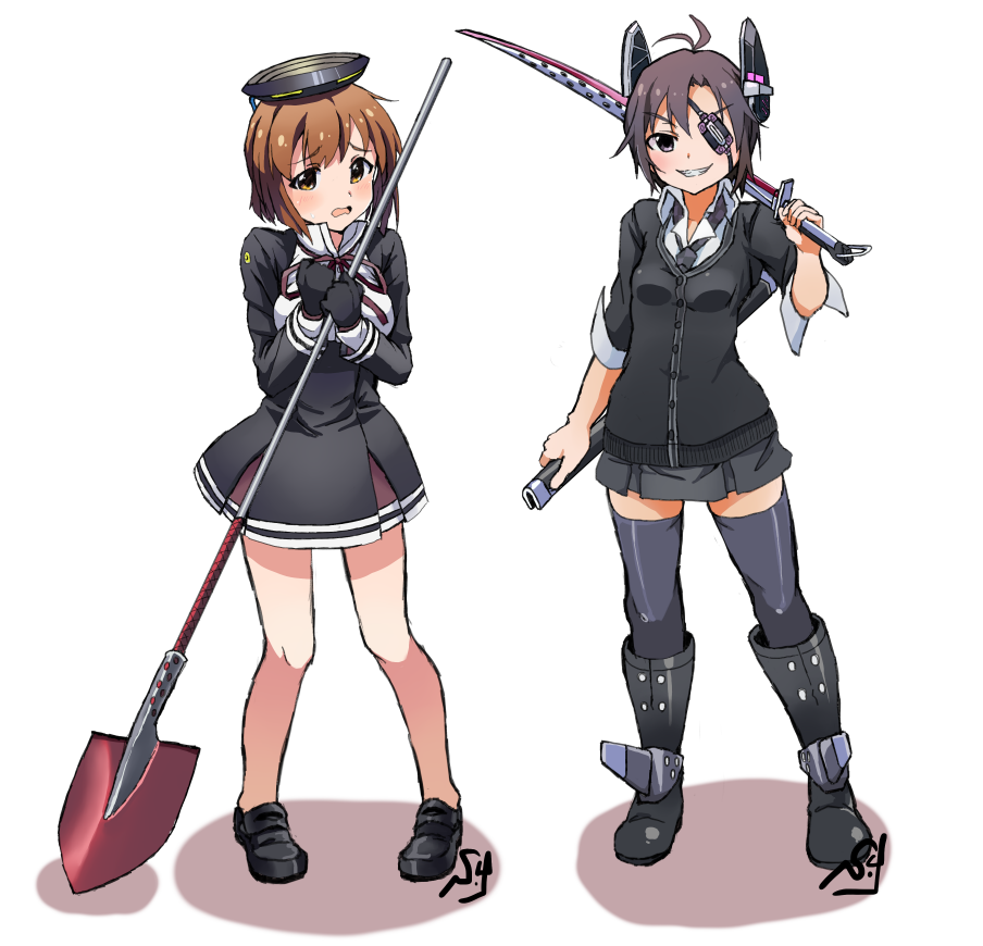 2girls, black_eyes, black_hair, brown_eyes, brown_hair, cosplay, eyepatch, gloves