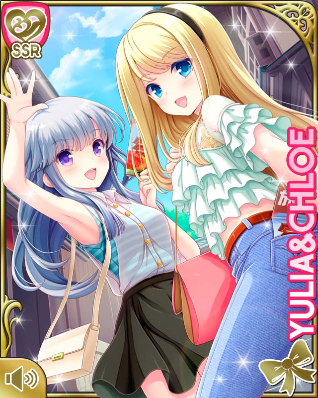 2girls, armpits, artist_request, bag, belt, blonde_hair, blue_eyes, chloe_lemaire, denim, girlfriend_(kari), hairband, jeans, long_hair, midriff, multiple_girls, official_art, pants, shirt, silver_hair, skirt, sleeveless, sleeveless_shirt, smile, violet_eyes, waving, yulia_valkova