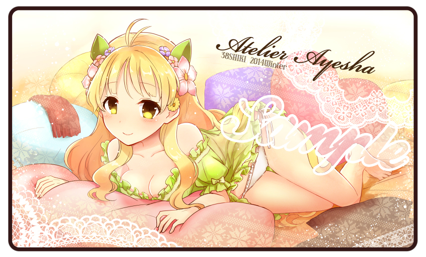 1girl, 38kb_(38shiki), atelier_(series), atelier_ayesha, ayesha_altugle, bare_shoulders, barefoot, blonde_hair, breasts, cleavage, flower, frills, green_skirt, hair_flower, hair_ornament, hairband, long_hair, lying, on_side, panties, pillow, side-tie_panties, skirt, smile, solo, underwear, white_panties, yellow_eyes